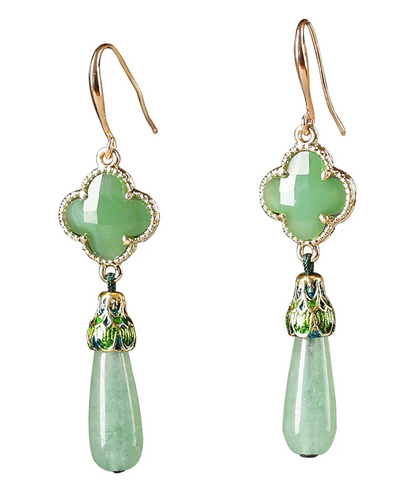 Chic Color Sterling Silver Jadeite Cloisonne Flower Dangle Earrings