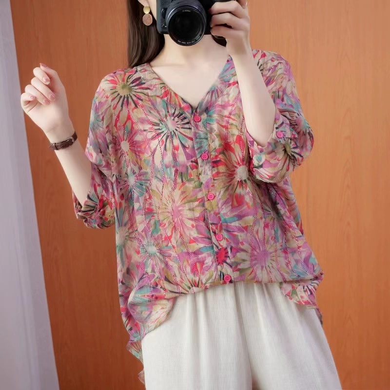 French Print Cardigan V Neck Cotton Short Sleeve Shirt Top