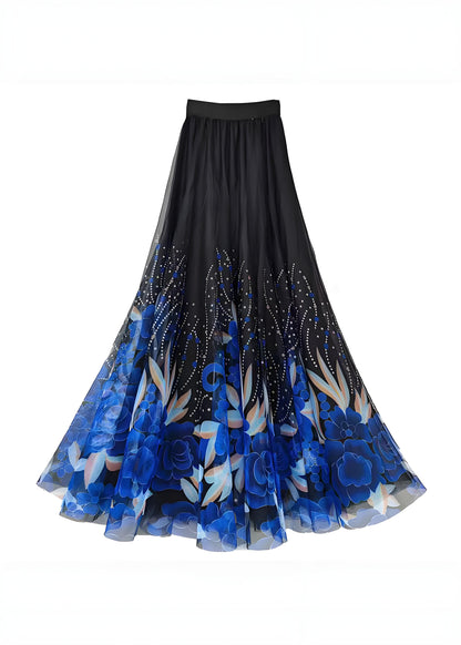 Women's Large Size Blue Printed High Waist Tulle Halter Skirt Spring