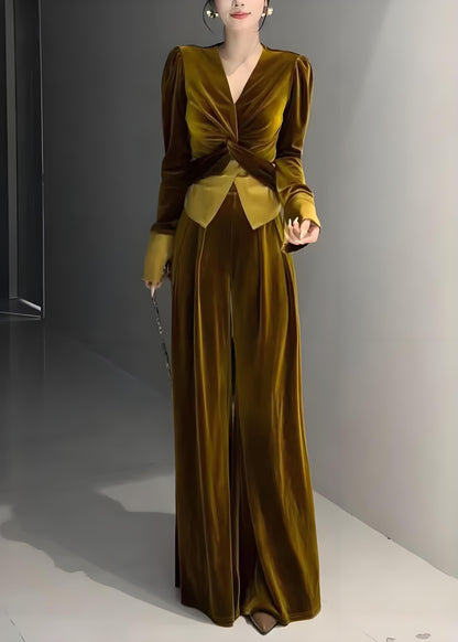 Women's Green V-Neck Velvet Two-Piece Set Spring