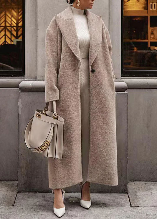Women's Khaki Peter Pan Collar Button Pocket Long Coat