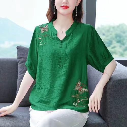 Loose Standing Collar Embroidered Button Cotton Short Sleeve Shirt Top