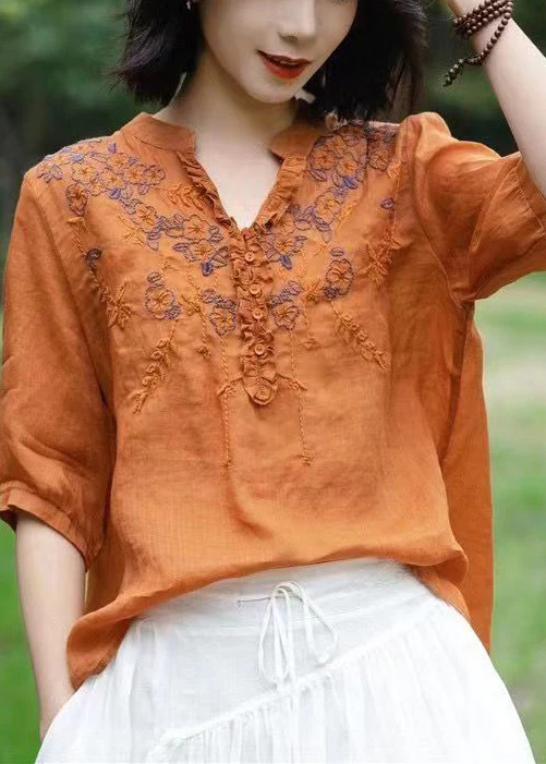 Loose V-neck embroidered quilted linen half-sleeve shirt