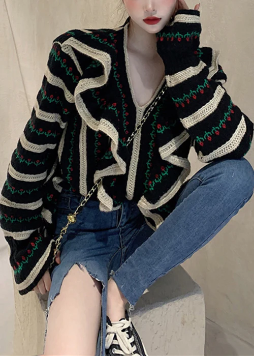 Women's Italian Black V-Neck Ruffle Cutout Knit Sweater