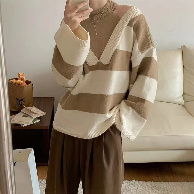 Neckless Shoulder Clashing Stripe Knit Sweater