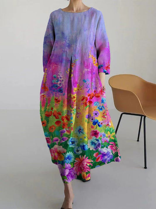 Casual Round Neck Printed Linen Cotton Long Sleeve Spring Dresses