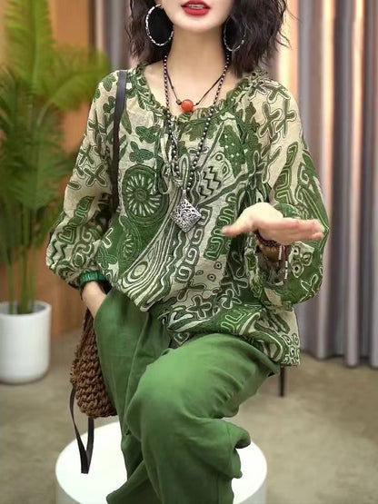 Chic Printed Round Neck Lantern Sleeve Blouse Top