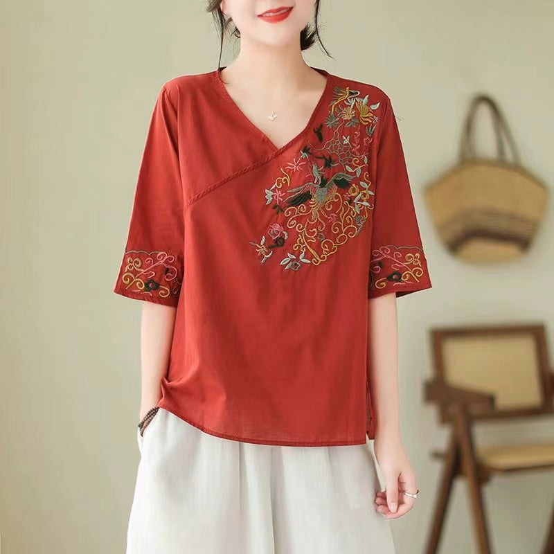 Loose V-Neck Embroidered Short Sleeve Shirt Top
