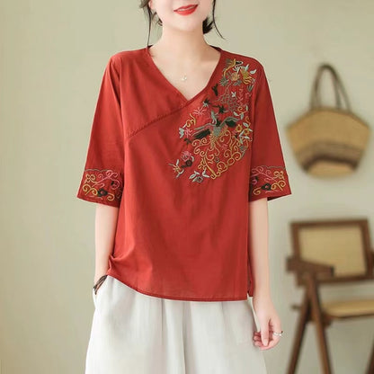 Loose V-Neck Embroidered Short Sleeve Shirt Top
