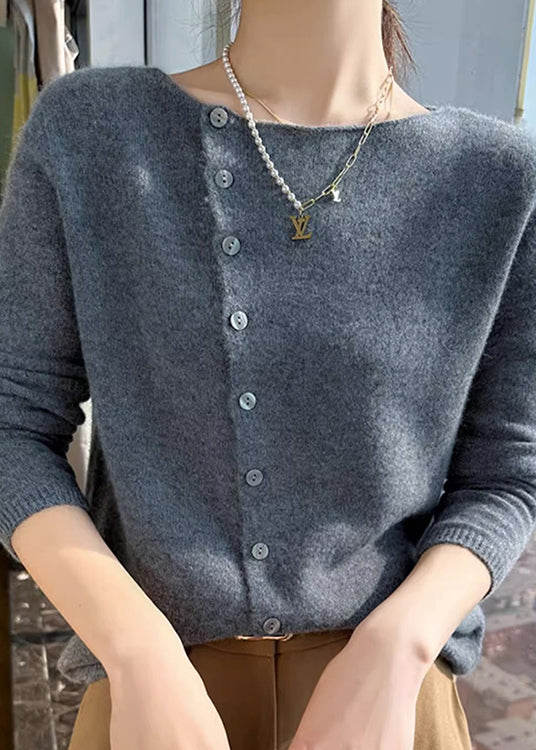 Minimalist O-Neck Buttoned Wool Sweater Top