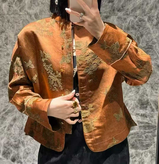 Chinese contrast silk jacquard long sleeved cardigan
