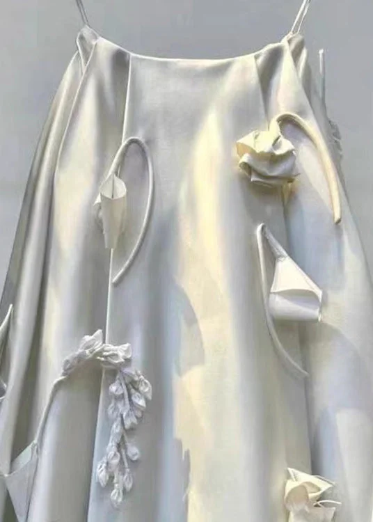 Women's Party Holiday Beach White Crinkle Flower Embellished Silk Halter Dress