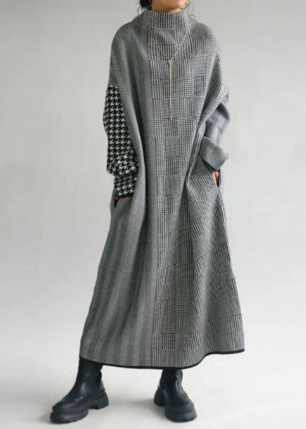 French Plaid High Neck Patchwork Long Knit Dress