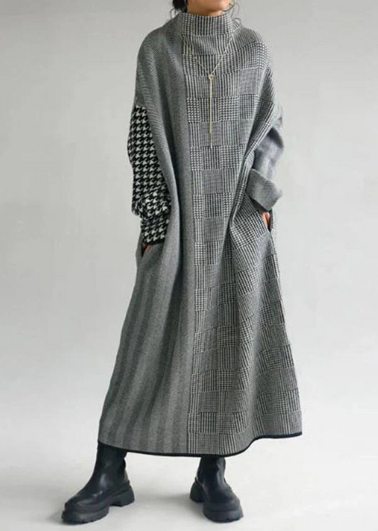 French Plaid High Neck Patchwork Long Knit Dress