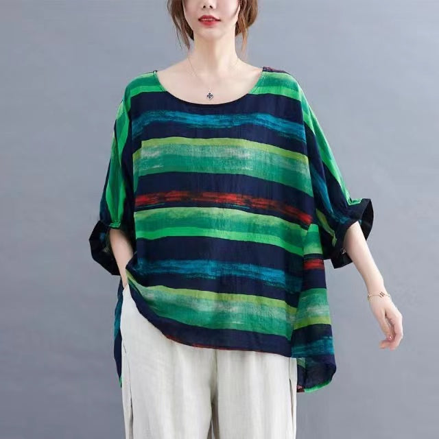 Colorblocked Striped Cotton Linen Crew Neck Batwing Sleeve T Shirt Top