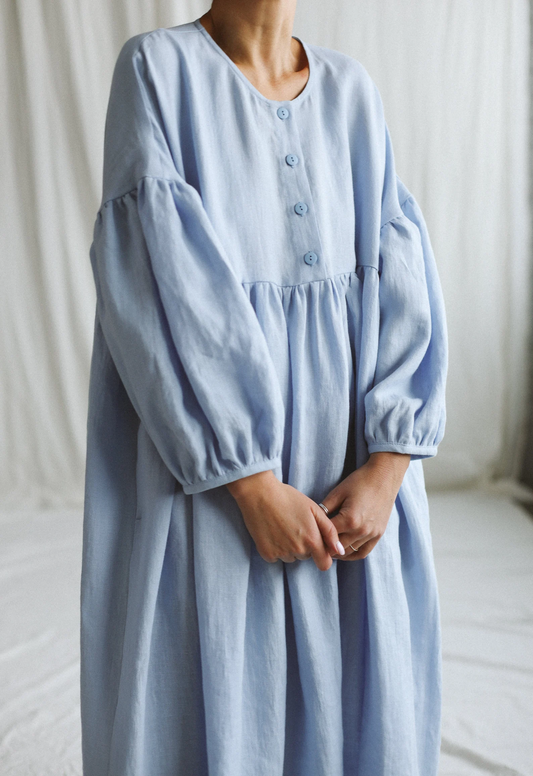 Women's Sky Blue Linen Oversized Wide Sleeve Dress