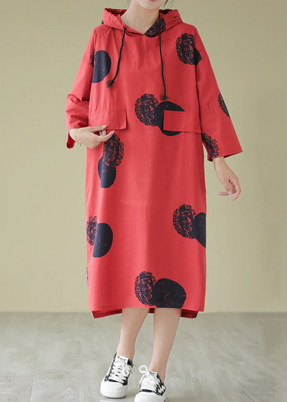 Women's Hooded Polka Dot Printed Cotton Dresses