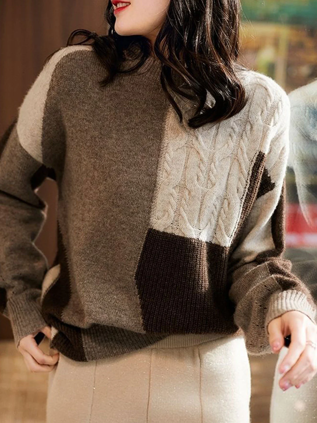 Women's Colorblocking Chunky Knit Sweater Autumn and Winter