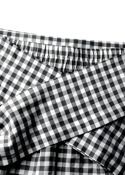 Women's Italian Plaid Pleated Tie Elastic Waist Hem Skirt Spring