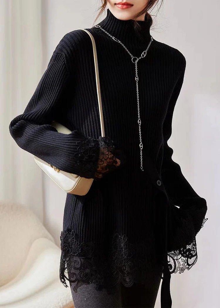 Women's Loose High Neck Lace Patchwork Cotton Knit Sweater Long Sleeve