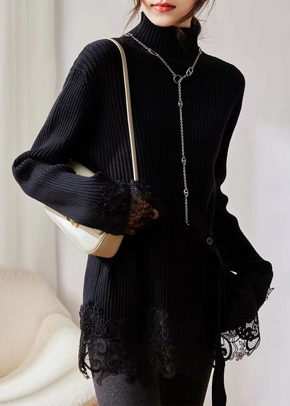 Women's Loose High Neck Lace Patchwork Cotton Knit Sweater Long Sleeve