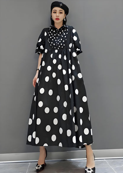 Women's Black Peter Pan Collar Patchwork Plus Hem Long Dress Short Sleeve Polka dot