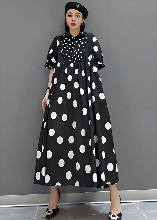 Women's Black Peter Pan Collar Patchwork Plus Hem Long Dress Short Sleeve Polka dot