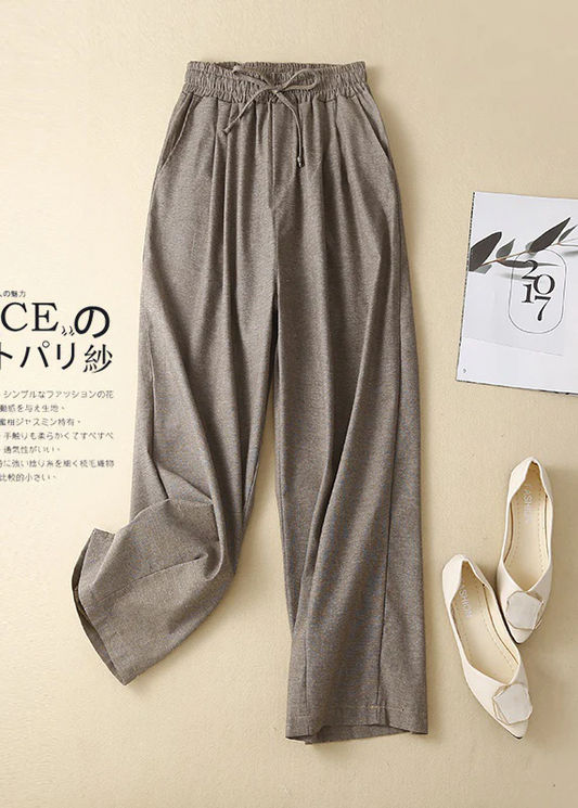 Khaki Elastic Waistband Linen Trousers