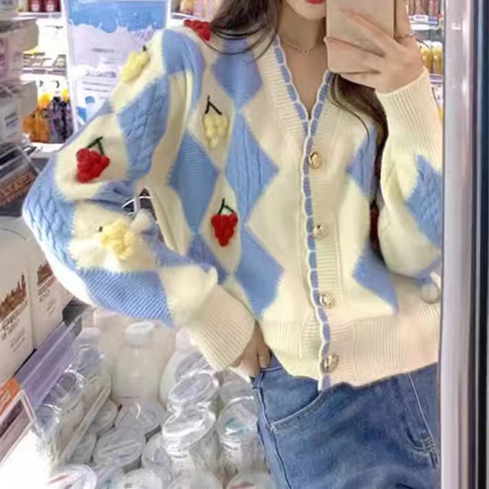Loose White Geometric Cardigan Knitted Sweater