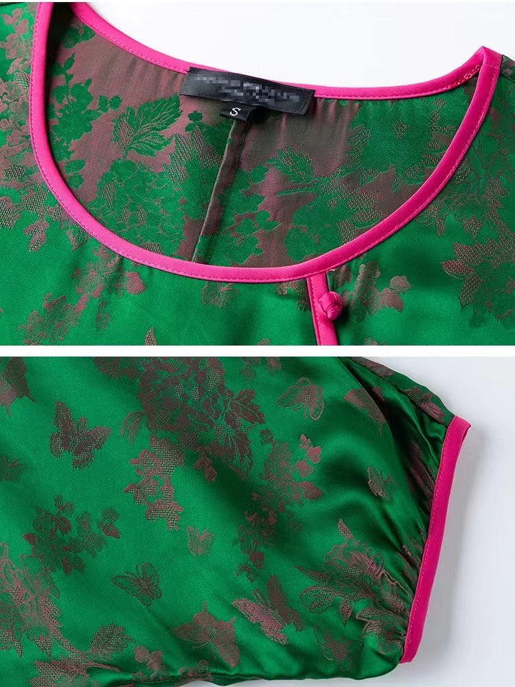 Chinese Printed Color Clashing Asymmetric Short Sleeve Shirt Top