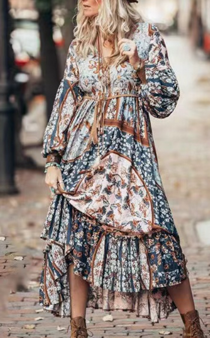 Bohemian V-Neck Printed Bubble Sleeve Dress