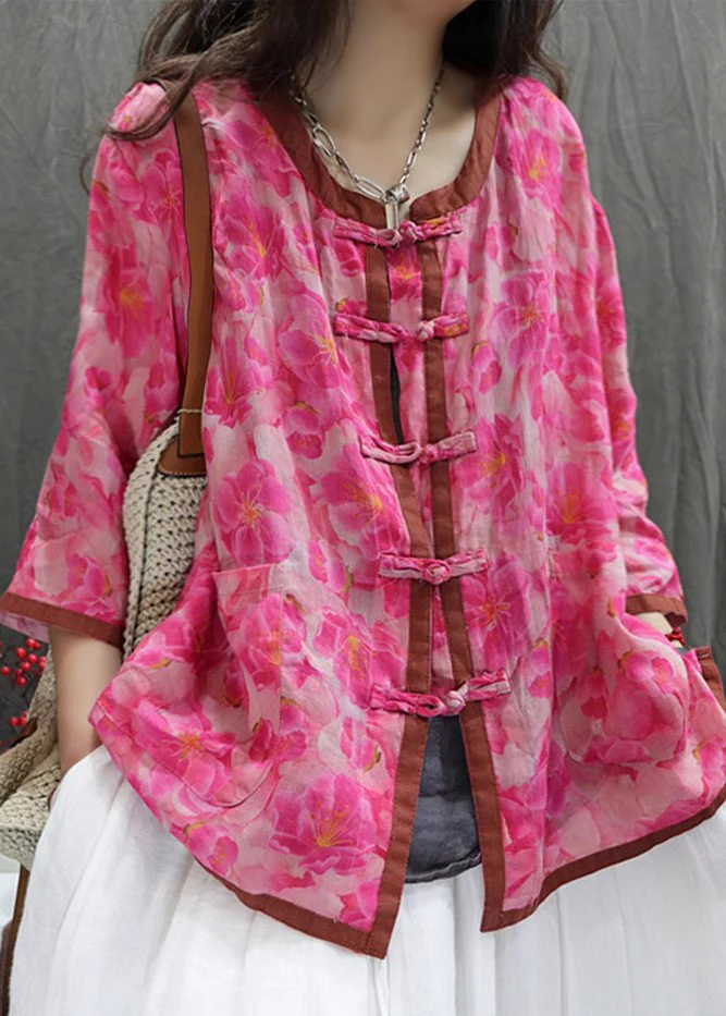 Women's Loose Printed Chinese Buttoned Cotton Shirt Long Sleeve Top