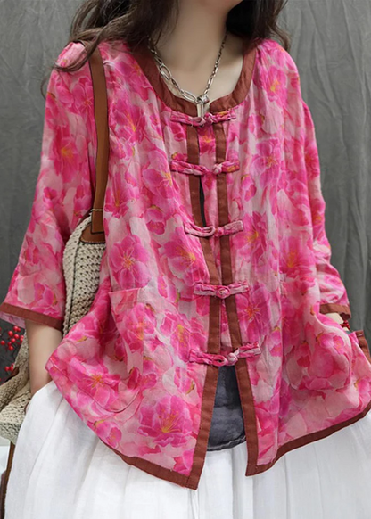 Women's Loose Printed Chinese Buttoned Cotton Shirt Long Sleeve Top