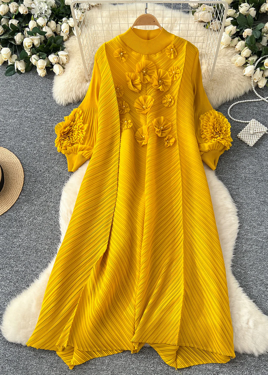 Women's Party Yellow Oversized Cubic Floral Lantern Sleeve Long Dresses