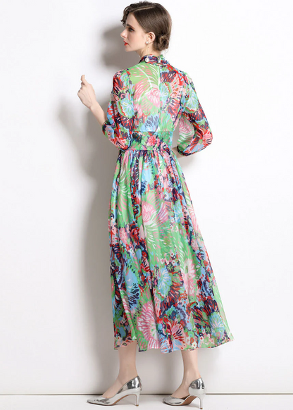 Women's Party Travel Green Zipper Printed Chiffon Tunic Waist Half Sleeve Dress Dresses