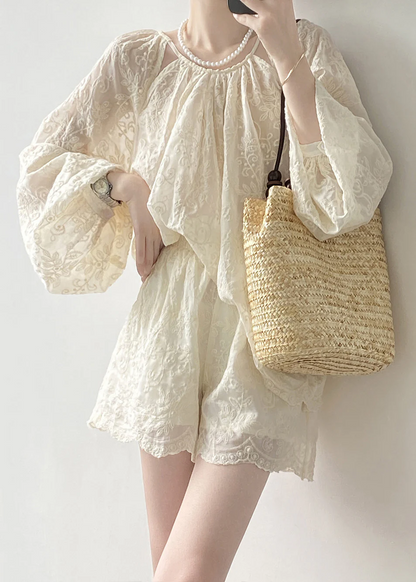 Women's Original Beige Embroidered Top and Shorts Cotton Two-Piece Set