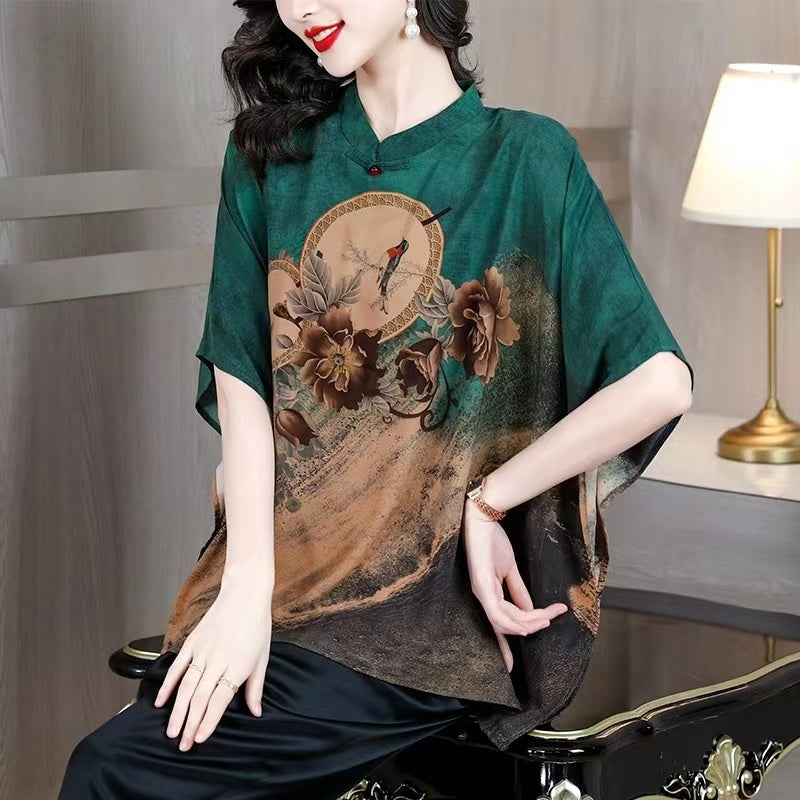 Elegant O Neck Printed Side Split Silk Top Half Sleeve Top