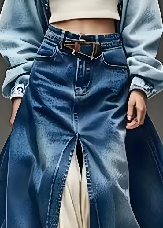 Women's Blue Pocket Side Split High Waisted Denim Half-body Skirt Summer Spring