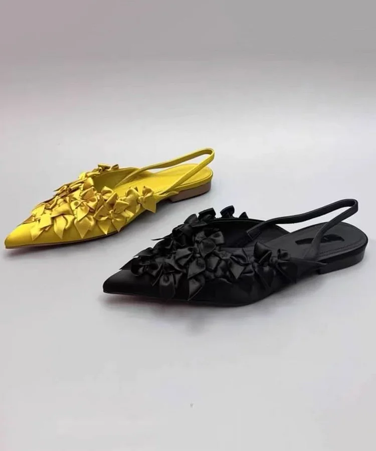 Women's Party Yellow Bow Pointed Toe Flat Sandals