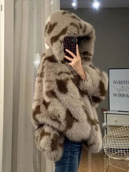 Hooded Long Sleeve Thick Faux Fur Puffy Coat