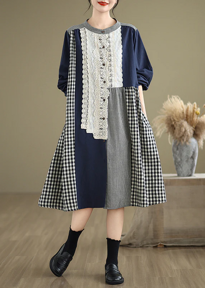 Round neck lace patchwork plaid maxi dress
