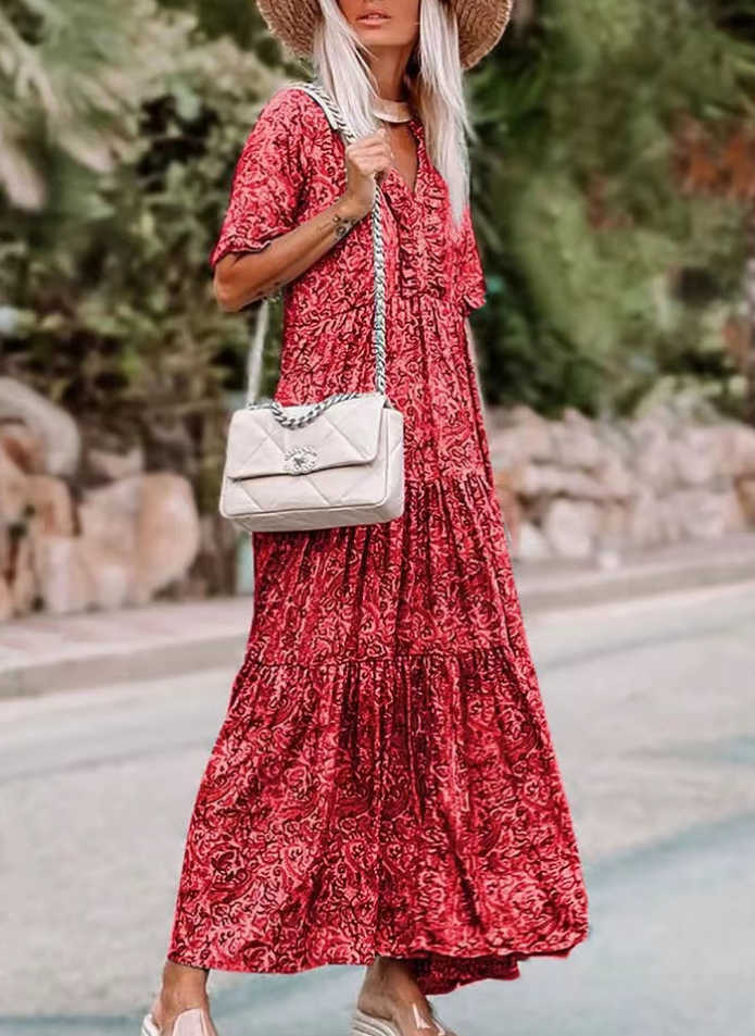 V-Neck Printed Ruffle Short Sleeve Long Dress