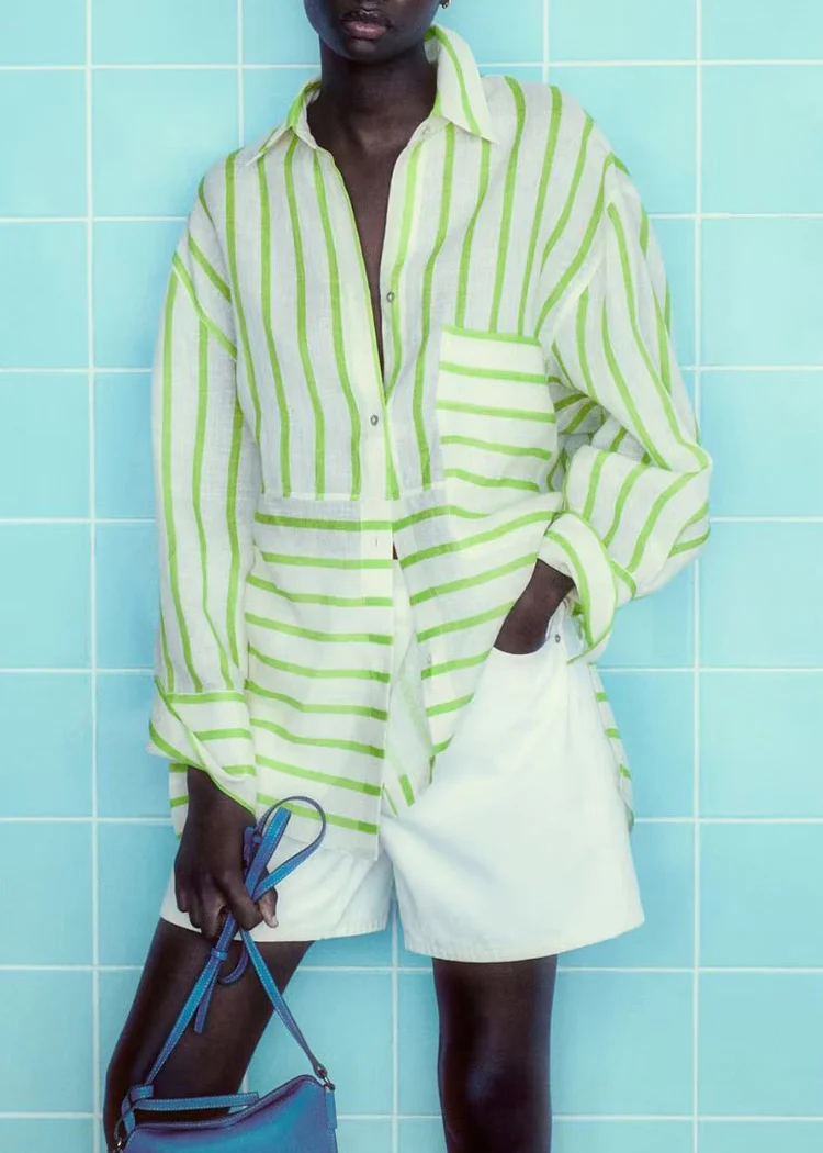 Simple Striped Button Down Low Height Design Shirt Top