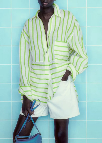 Simple Striped Button Down Low Height Design Shirt Top