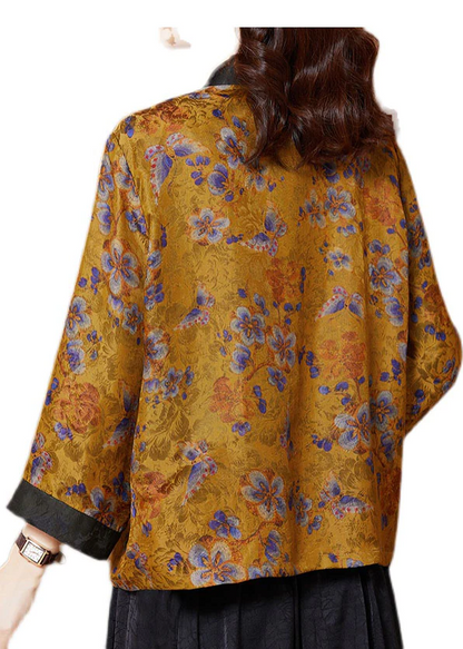 Yellow Printed Patchwork Silk Cardigan Coat