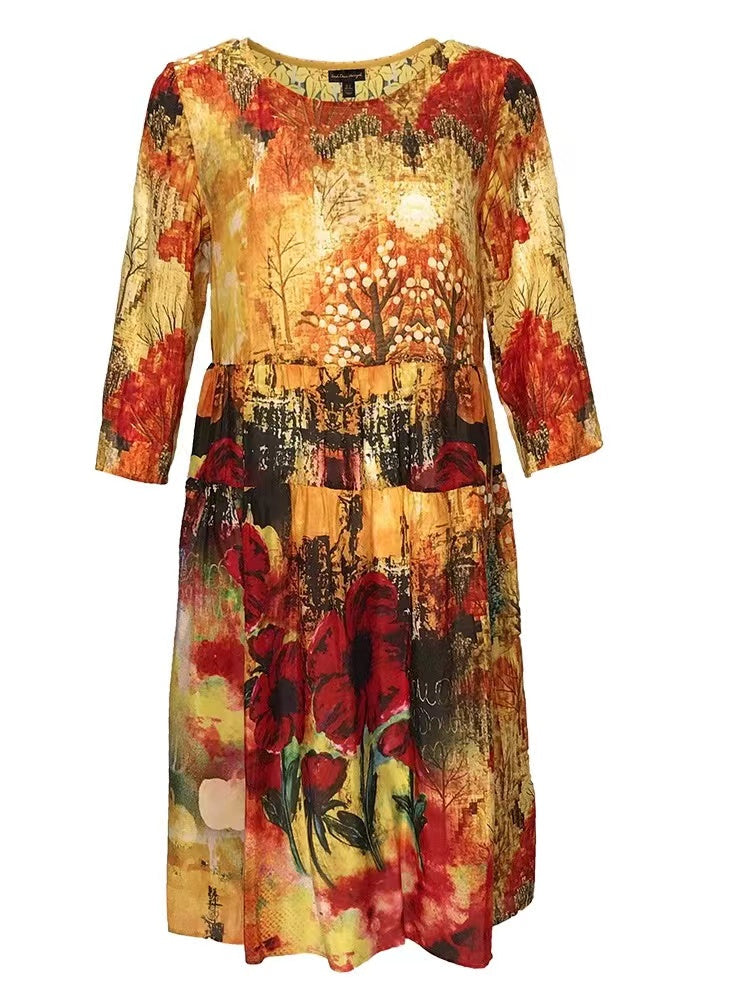 French Round Neck Printed Silk Short Sleeve Hem Dress