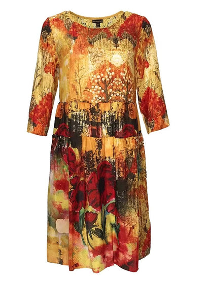 French Round Neck Printed Silk Short Sleeve Hem Dress