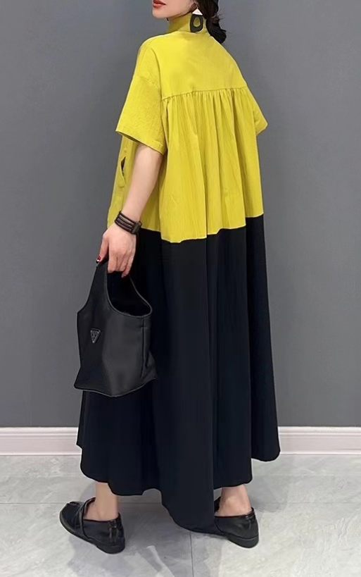 Fashion Big Patchwork Pocket Cotton Short Sleeve Shirt Dress