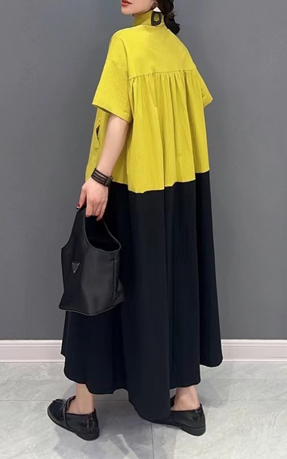 Fashion Big Patchwork Pocket Cotton Short Sleeve Shirt Dress