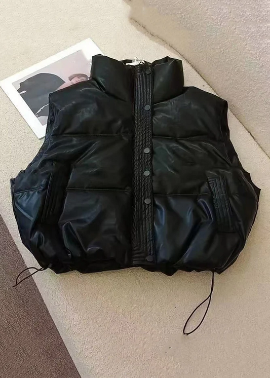 Women's Loose Black Zipper Padded Vest Sleeveless Jacket
